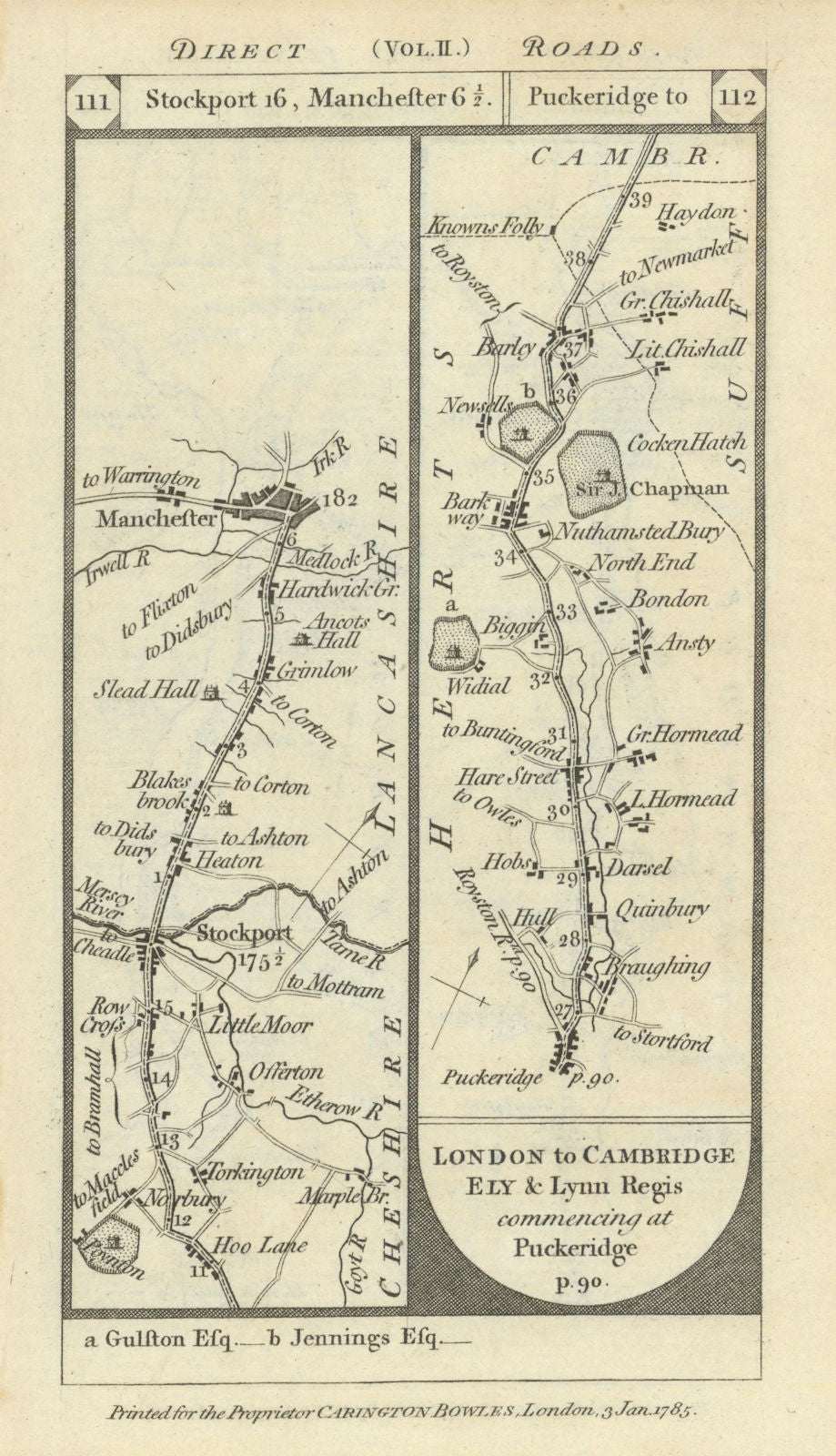 Stockport-Manchester. Puckeridge-Barley road strip map PATERSON 1785 old